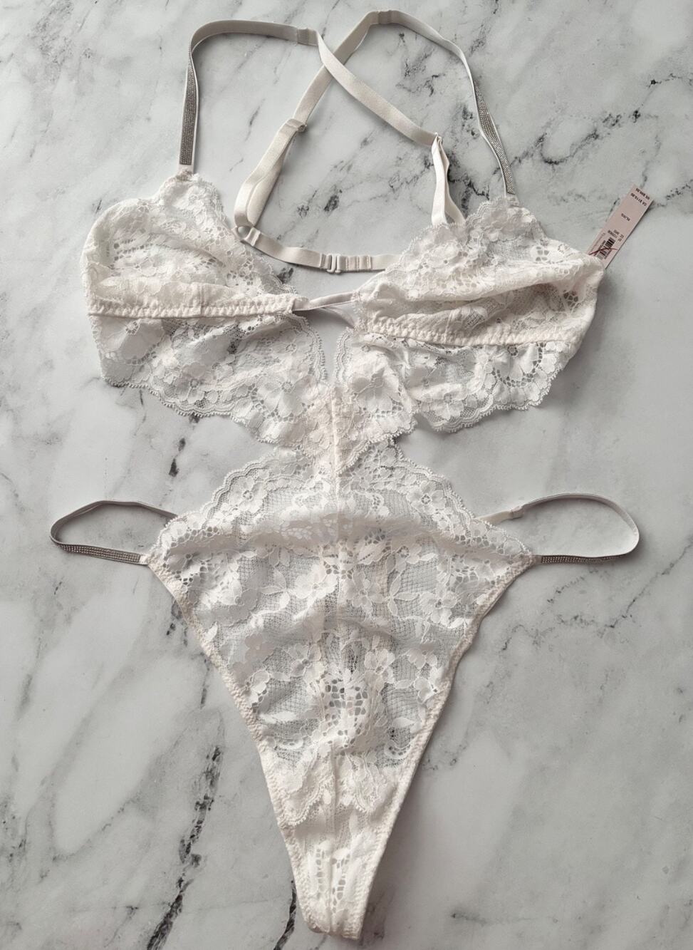 Victoria's Secret Nwt Coconut White Shine Strap Lace V String Bodysuit Teddy XL